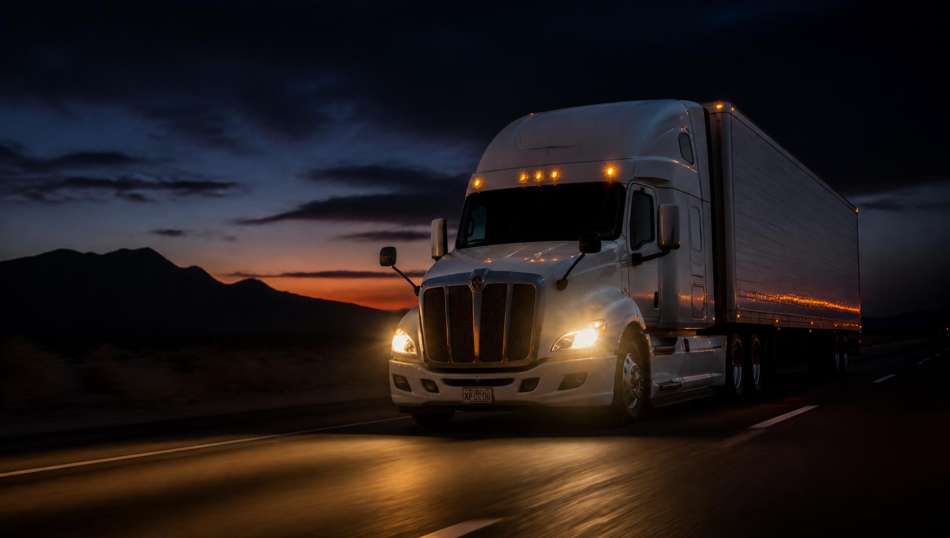 Semi truck with dry van trailer on a desert highway at dusk